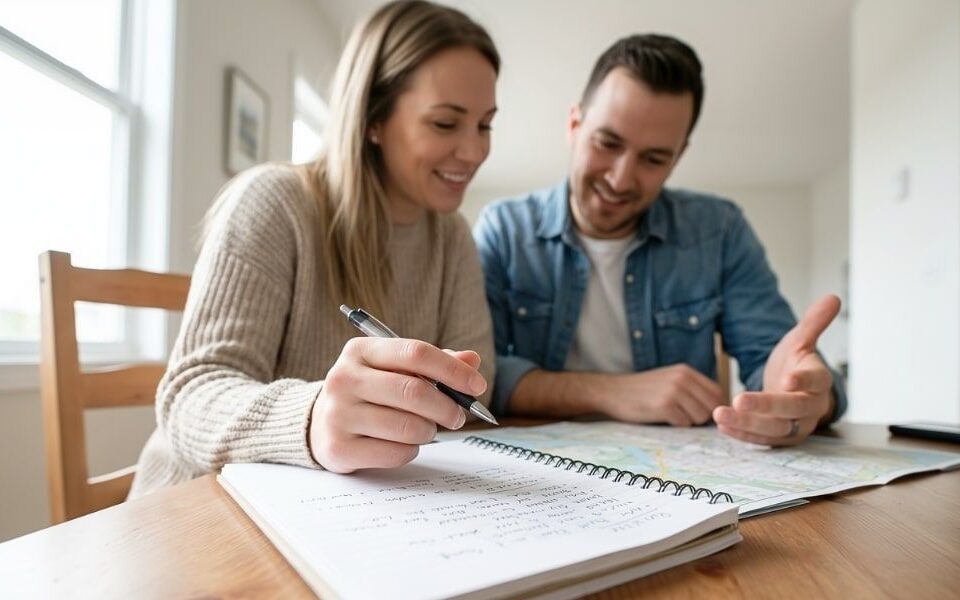 Couple reviewing relocation notes at a bright dining table