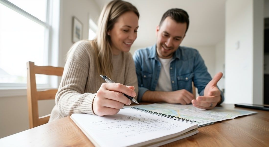 Couple reviewing relocation notes at a bright dining table