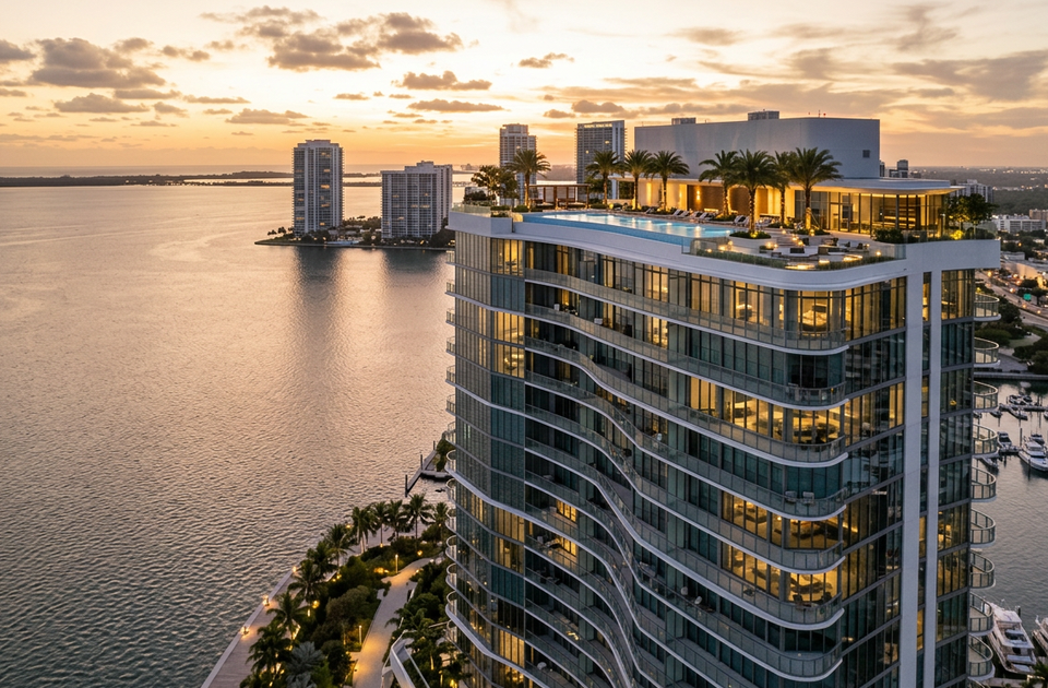 New luxury condo tower in Brickell Miami showing rooftop amenity deck, relevant to Miami condo HOA fees comparison