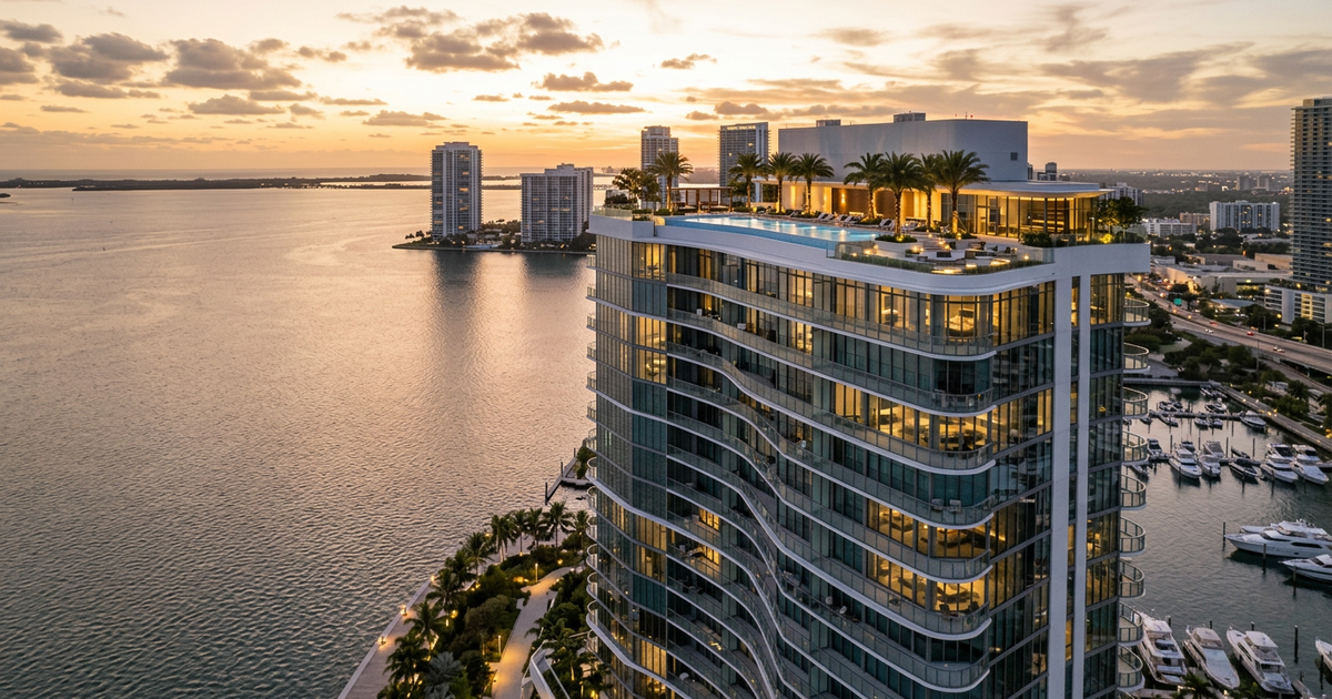 New luxury condo tower in Brickell Miami showing rooftop amenity deck, relevant to Miami condo HOA fees comparison