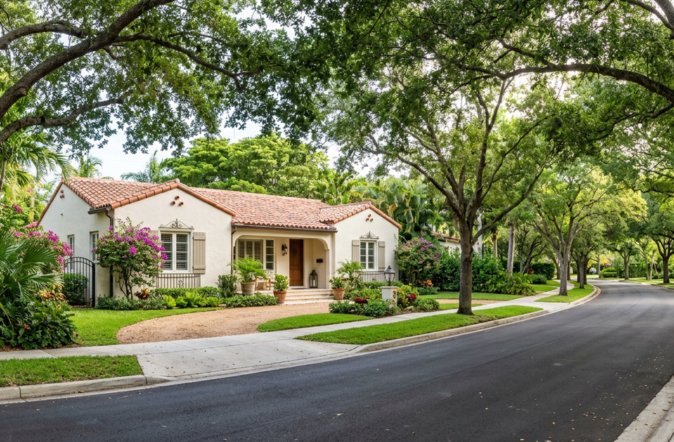 Tree-lined Coral Gables street with Mediterranean luxury home - Miami move-up sellers rate lock market 2025.