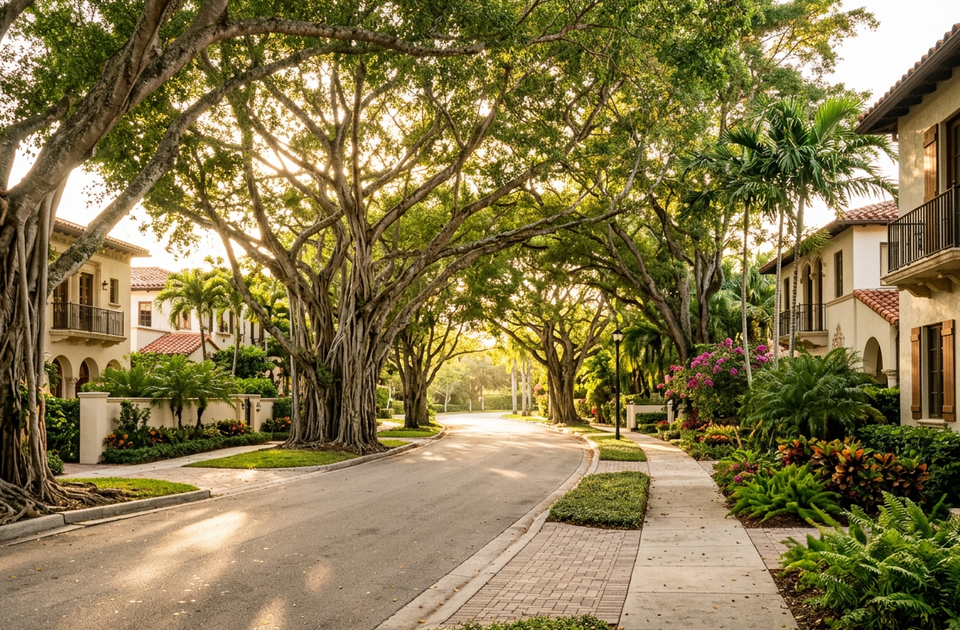Tree-lined residential street in Coral Gables showing Miami luxury real estate available to rate-hesitant buyers