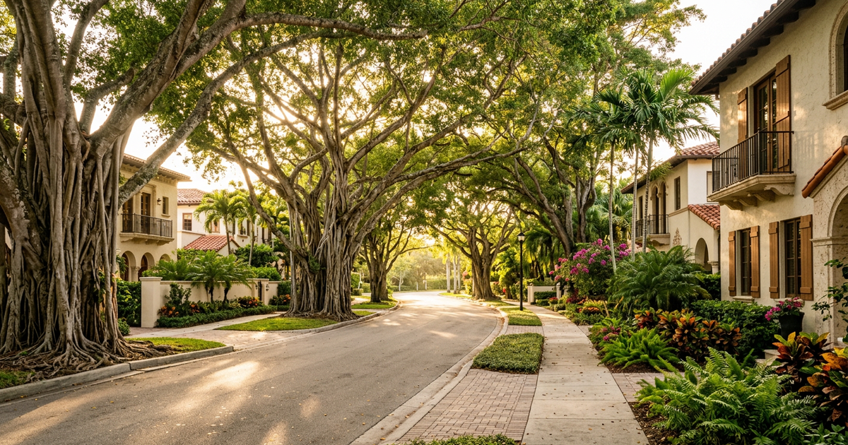 Tree-lined residential street in Coral Gables showing Miami luxury real estate available to rate-hesitant buyers