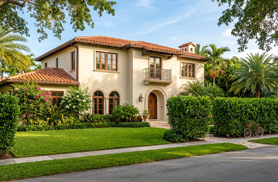 Coral Gables Mediterranean home exterior on a quiet street representing pricing a dated home in Coral Gables correctly