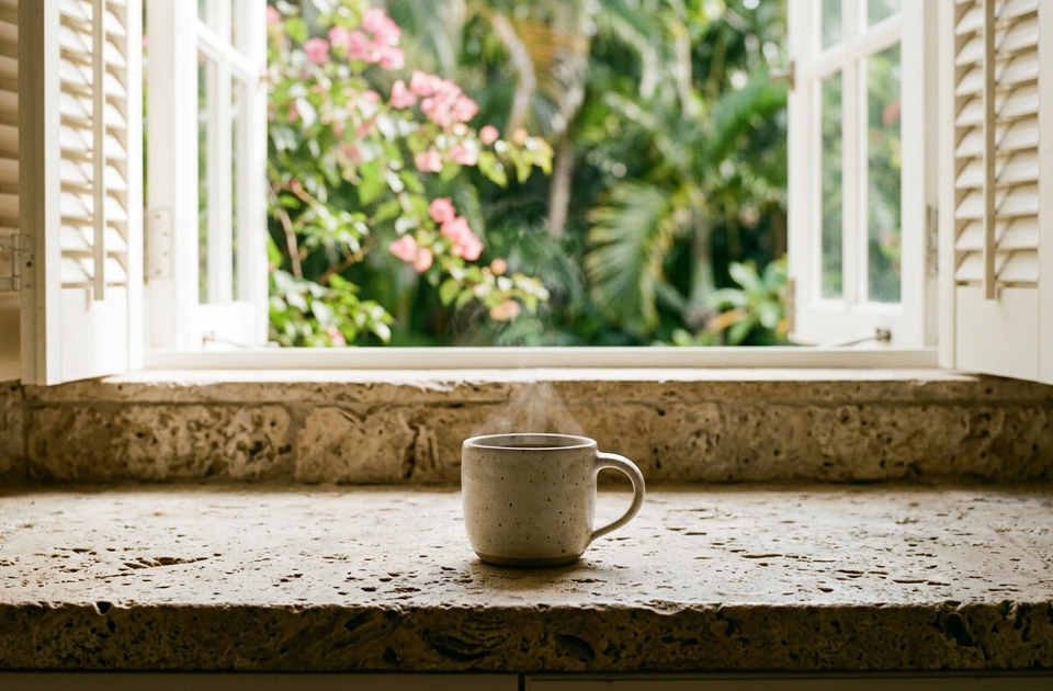Ceramic mug on stone windowsill with garden view and pink flowers visible through open shutters