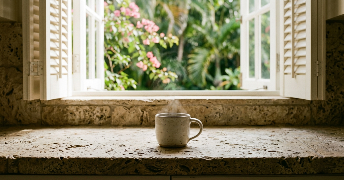 Ceramic mug on stone windowsill with garden view and pink flowers visible through open shutters