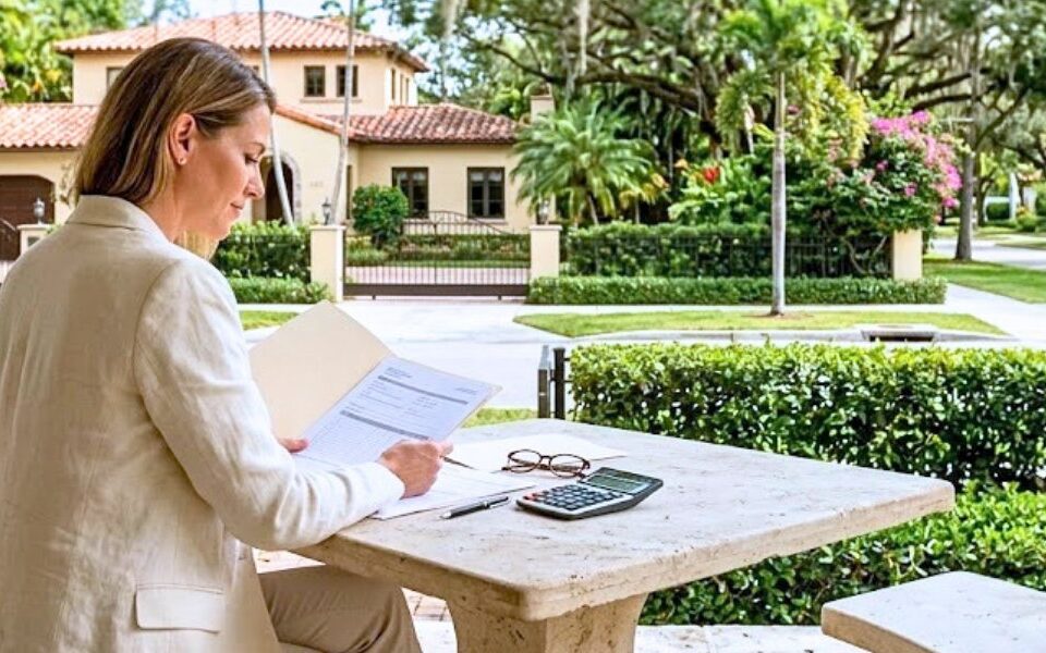 A homeowner thoughtfully evaluates tax documents at a sunlit patio
