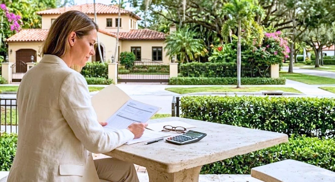 A homeowner thoughtfully evaluates tax documents at a sunlit patio